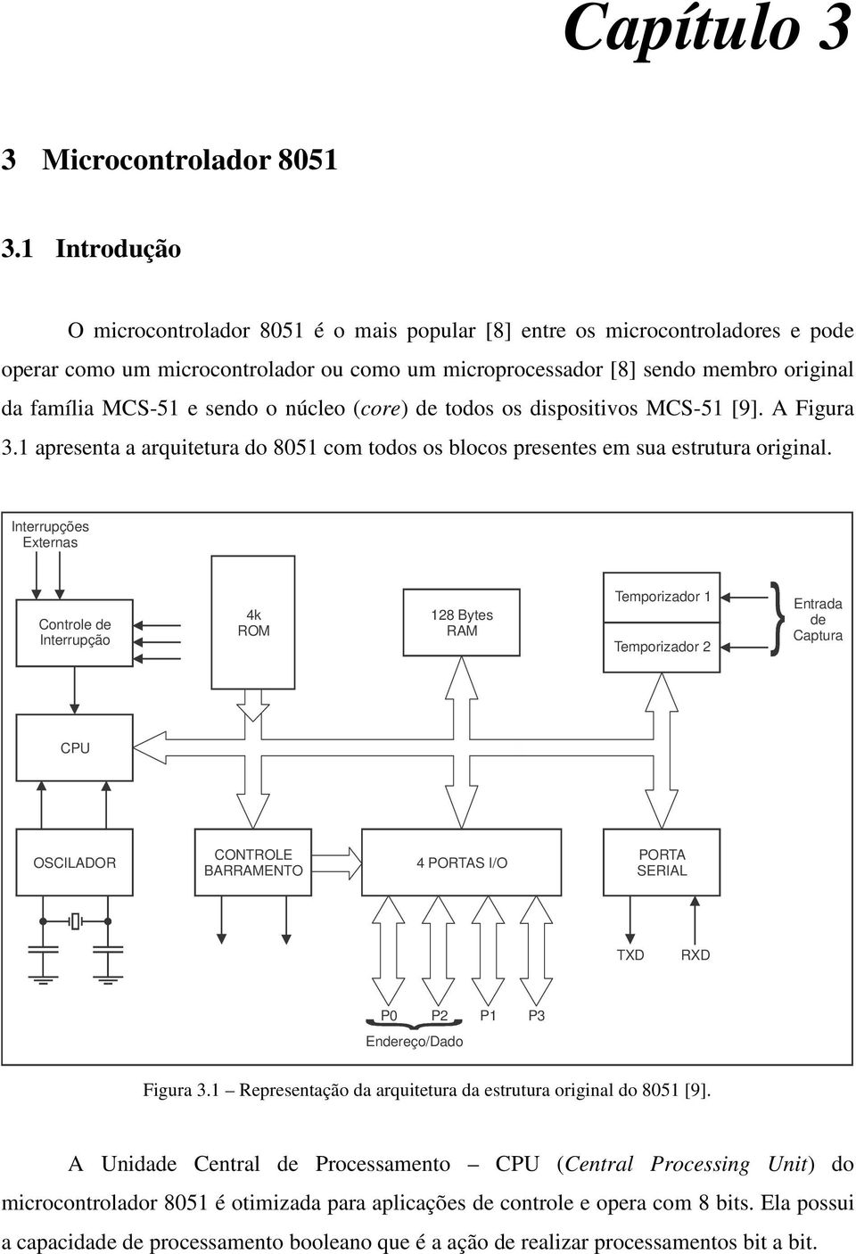 sendo o núcleo (core) de todos os dispositivos MCS-51 [9]. A Figura 3.1 apresenta a arquitetura do 8051 com todos os blocos presentes em sua estrutura original.