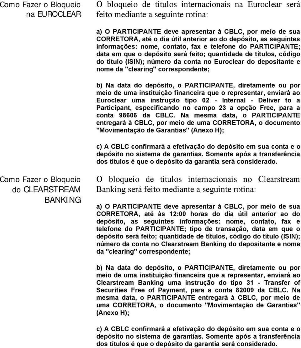 conta no Euroclear do depositante e nome da "clearing" correspondente; b) Na data do depósito, o PARTICIPANTE, diretamente ou por meio de uma instituição financeira que o representar, enviará ao