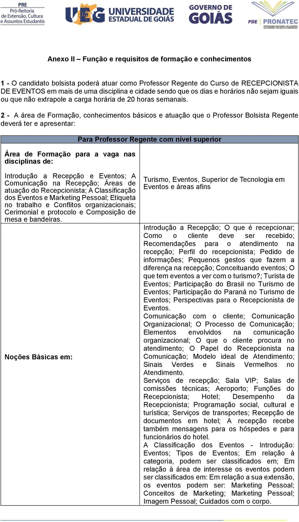 2 - A área de Formação, conhecimentos básicos e atuação que o Professor Bolsista Regente deverá ter e apresentar: Área de Formação para a vaga nas disciplinas de: Para Professor Regente com nível