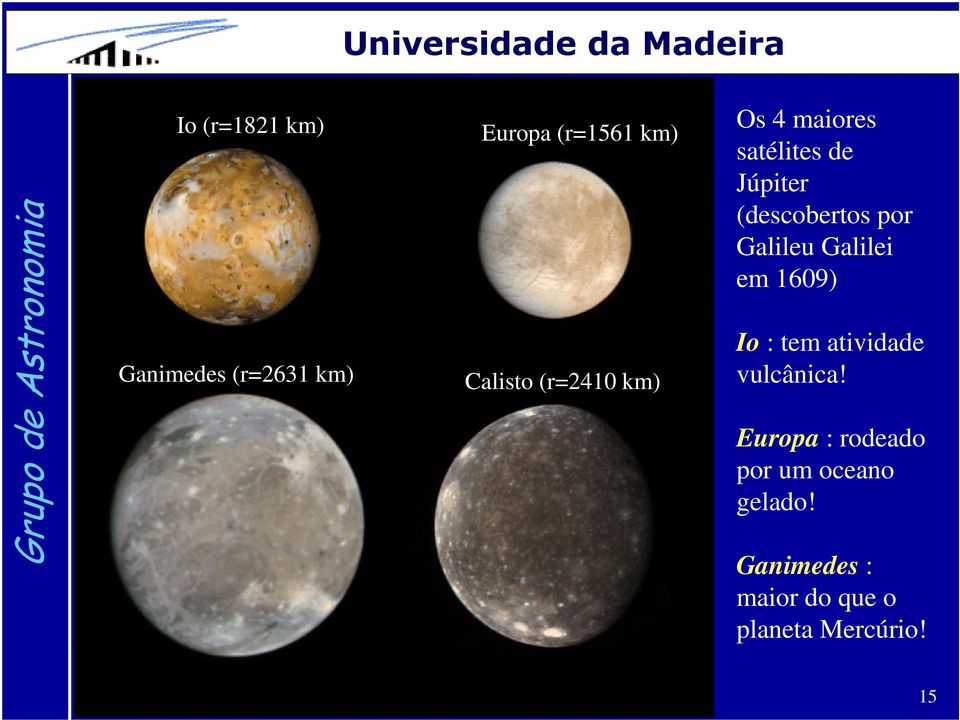 Galileu Galilei em 1609) Io : tem atividade vulcânica!