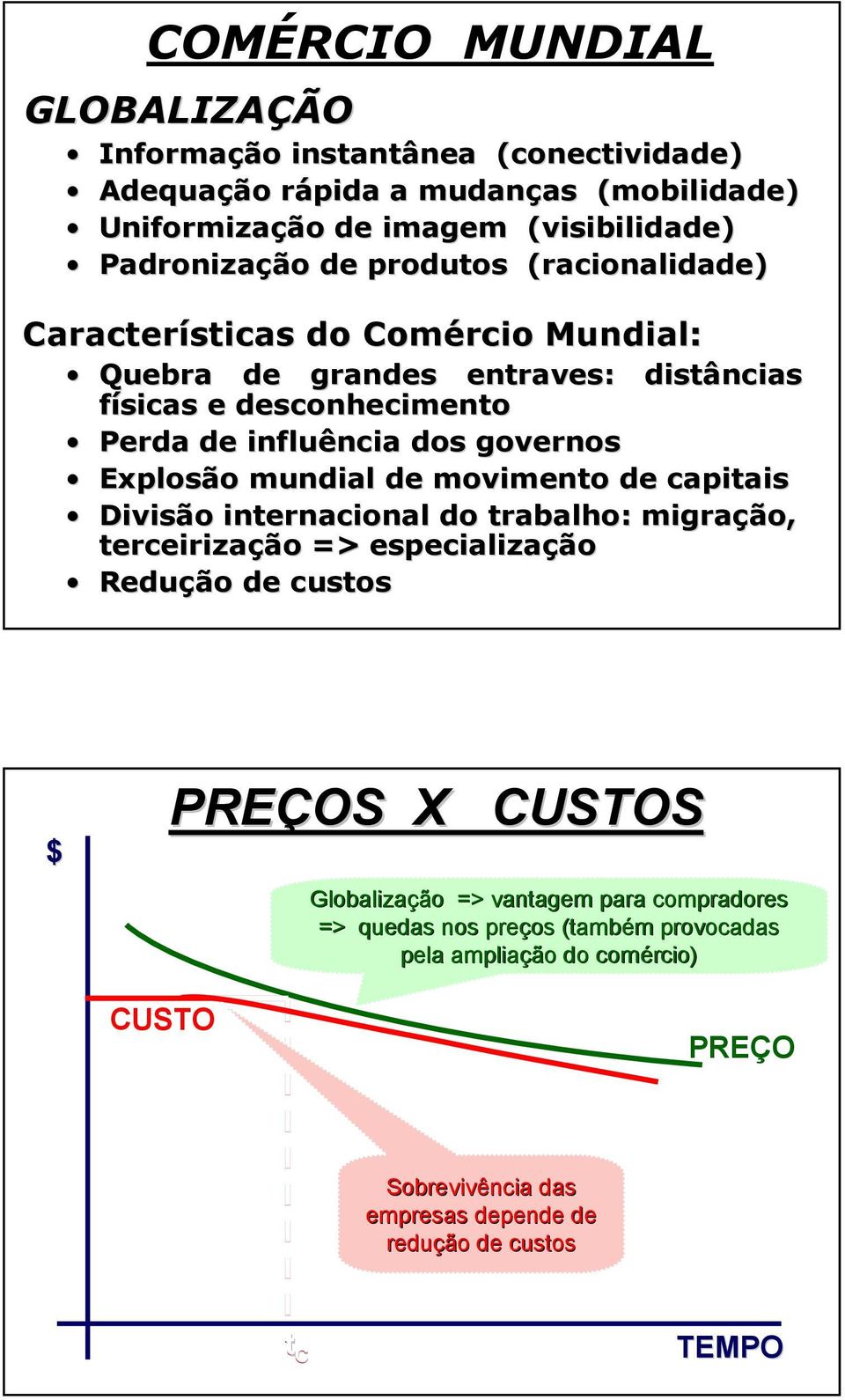 Explosão mundial de movimento de capitais Divisão internacional do trabalho: migração, terceirização => especialização Redução de custos $ PREÇOS X CUSTOS Globalização