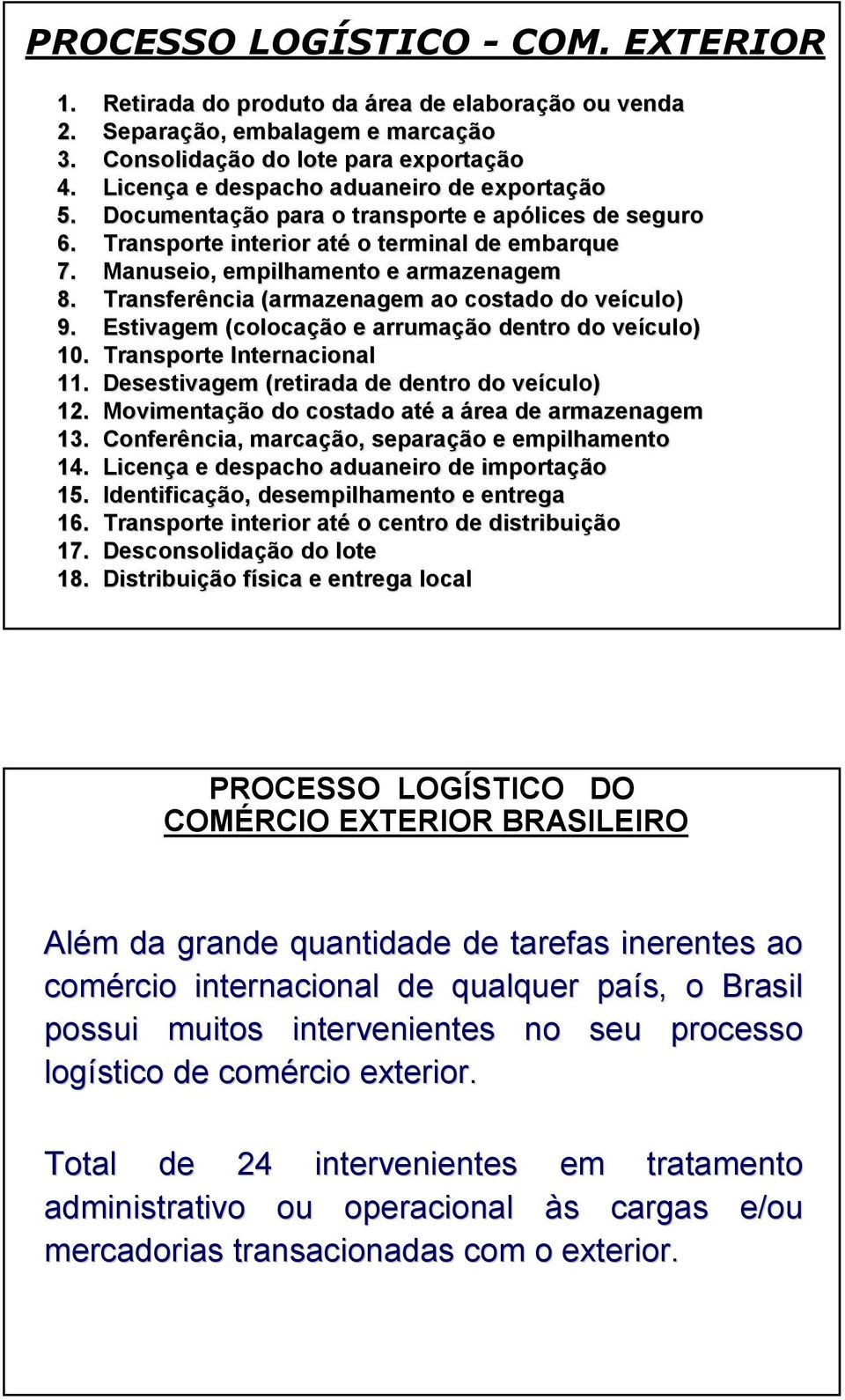 Transferência (armazenagem ao costado do veículo) 9. Estivagem (colocação e arrumação dentro do veículo) 10. Transporte Internacional 11. Desestivagem (retirada de dentro do veículo) 12.