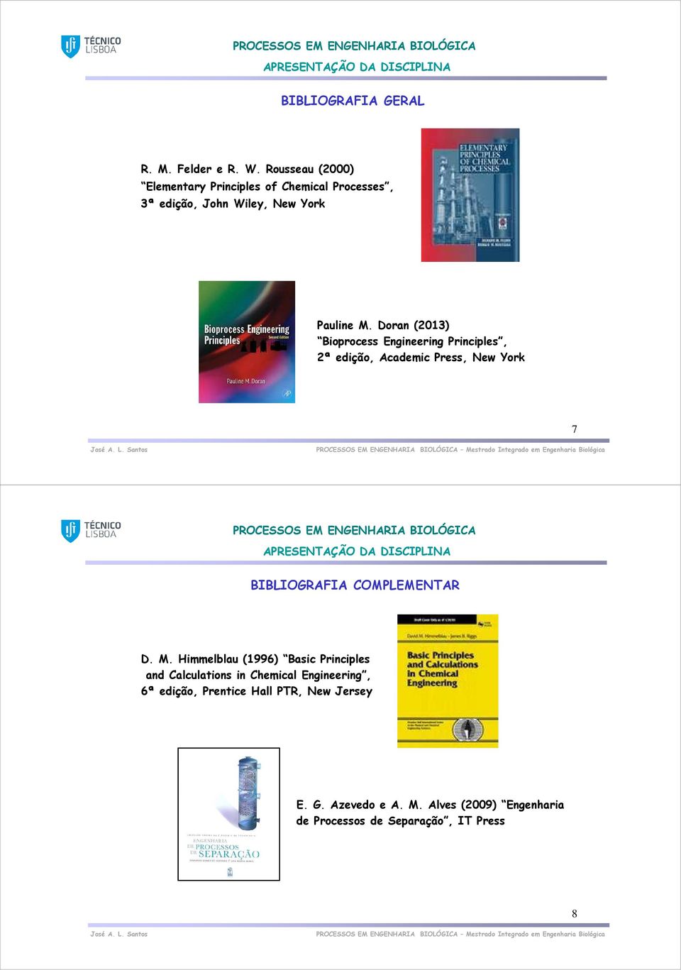 Doran (2013) Bioprocess Engineering Principles, 2ª edição, Academic Press, New York 7 BIBLIOGRAFIA COMPLEMENTAR D.