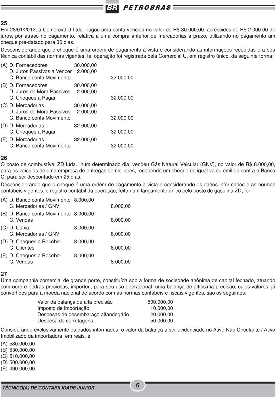 Desconsiderando que o cheque é uma ordem de pagamento à vista e considerando as informações recebidas e a boa técnica contábil das normas vigentes, tal operação foi registrada pela Comercial U, em