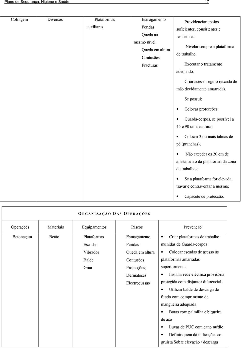 Se possui: Colocar protecções: Guarda-corpos, se possível a 45 e 90 cm de altura; Colocar 3 ou mais tábuas de pé (pranchas); Não exceder os 20 cm de afastamento da plataforma da zona de trabalhos; Se