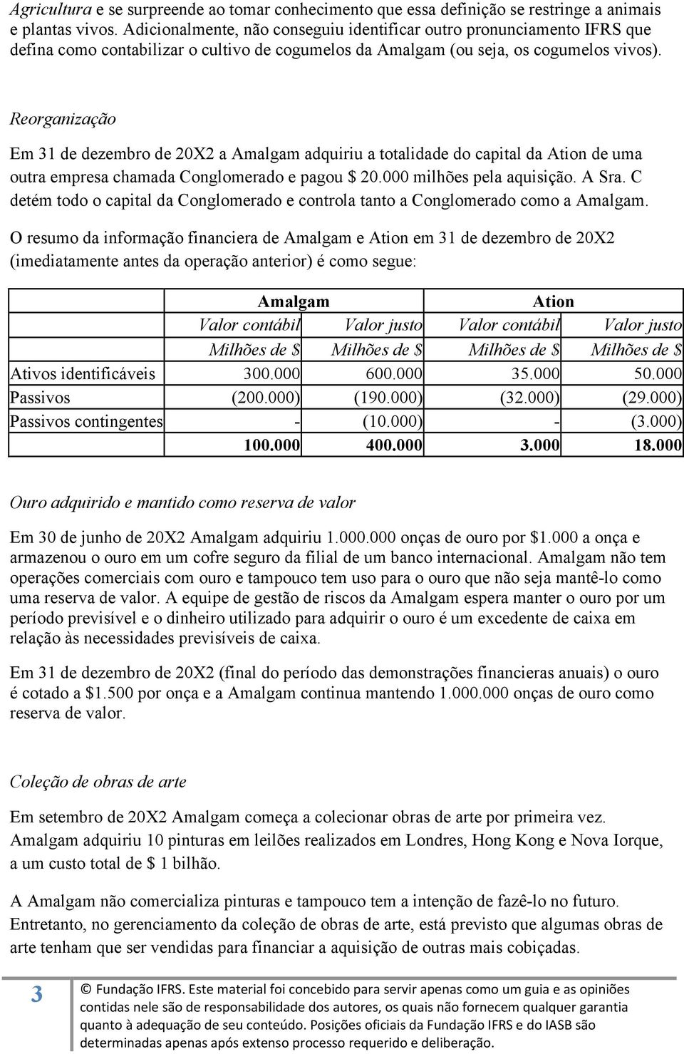 Reorganização Em 31 de dezembro de 20X2 a Amalgam adquiriu a totalidade do capital da Ation de uma outra empresa chamada Conglomerado e pagou $ 20.000 milhões pela aquisição. A Sra.