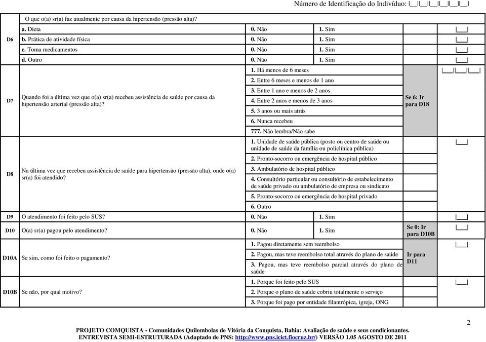 Na última vez que recebeu assistência de saúde para hipertensão (pressão alta), onde o(a) sr(a) foi atendido? 1. Há menos de 6 meses 5. 3 anos ou mais atrás 6. Nunca recebeu 777.