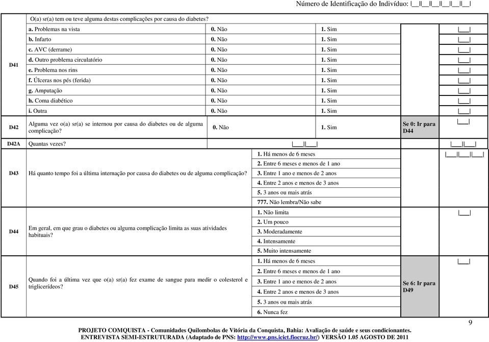 D43 D44 D45 Há quanto tempo foi a última internação por causa do diabetes ou de alguma complicação? Em geral, em que grau o diabetes ou alguma complicação limita as suas atividades habituais?