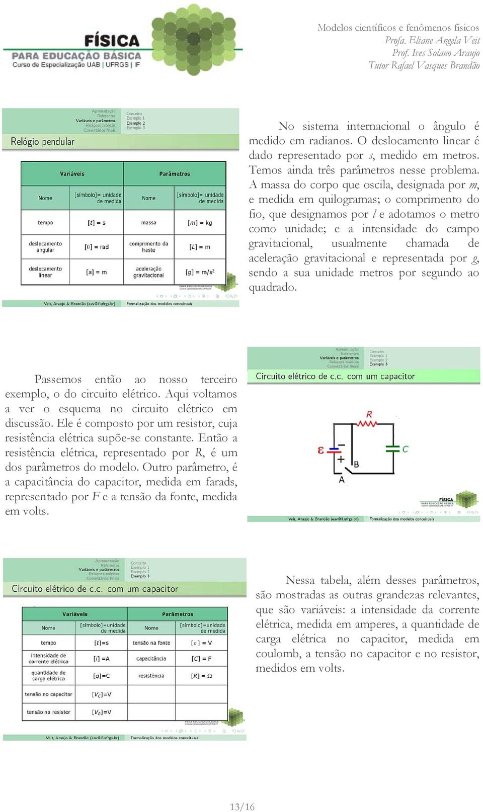 chamada de aceleração gravitacional e representada por g, sendo a sua unidade metros por segundo ao quadrado. Passemos então ao nosso terceiro exemplo, o do circuito elétrico.