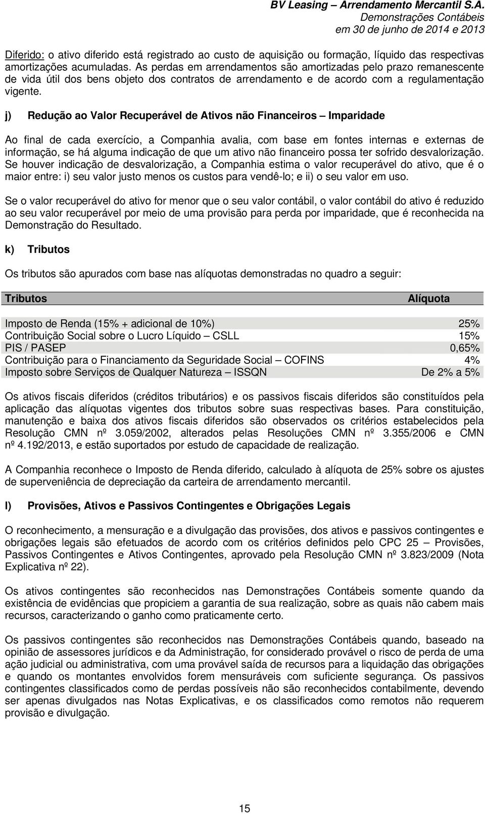 j) Redução ao Valor Recuperável de Ativos não Financeiros Imparidade Ao final de cada exercício, a Companhia avalia, com base em fontes internas e externas de informação, se há alguma indicação de