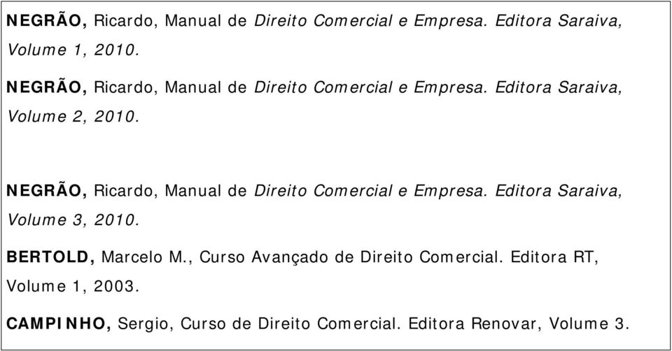 NEGRÃO, Ricardo, Manual de Direito Comercial e Empresa. Editora Saraiva, Volume 3, 2010.