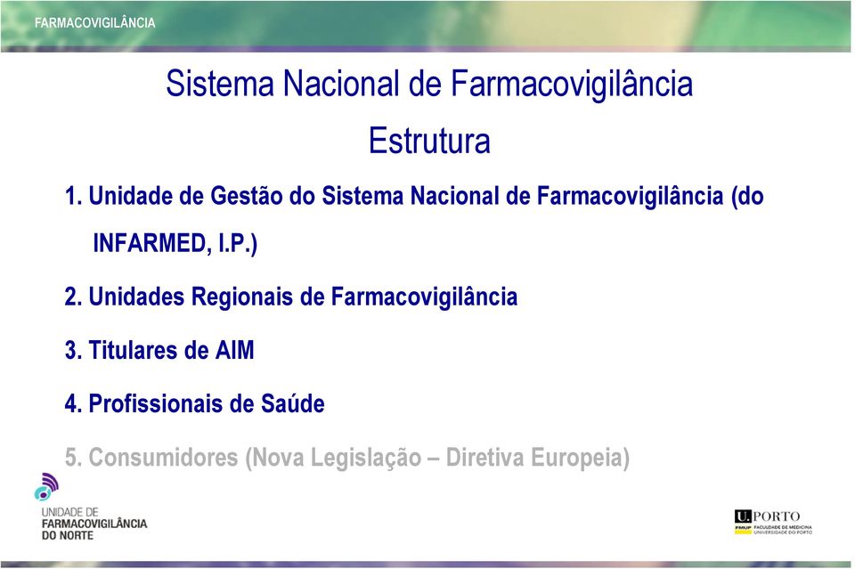 INFARMED, I.P.) 2. Unidades Regionais de Farmacovigilância 3.