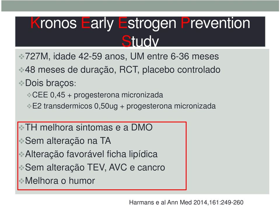 0,50ug + progesterona micronizada TH melhora sintomas e a DMO Sem alteração na TA Alteração