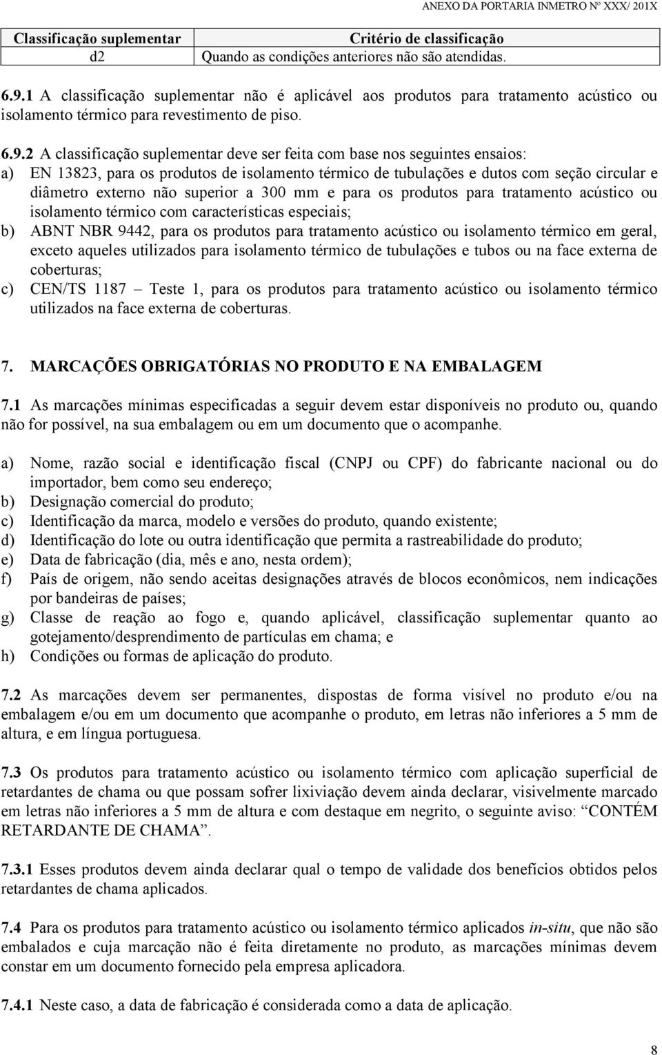 2 A classificação suplementar deve ser feita com base nos seguintes ensaios: a) EN 13823, para os produtos de isolamento térmico de tubulações e dutos com seção circular e diâmetro externo não