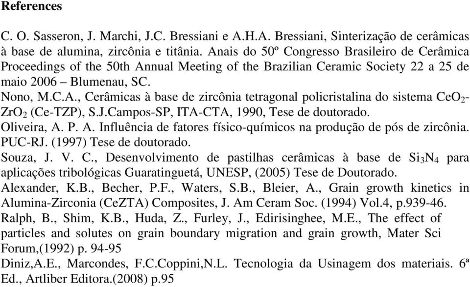 J.Campos-SP, ITA-CTA, 1990, Tese de doutorado. Oliveira, A. P. A. Influência de fatores físico-químicos na produção de pós de zircônia. PUC-RJ. (1997) Tese de doutorado. Souza, J. V. C.