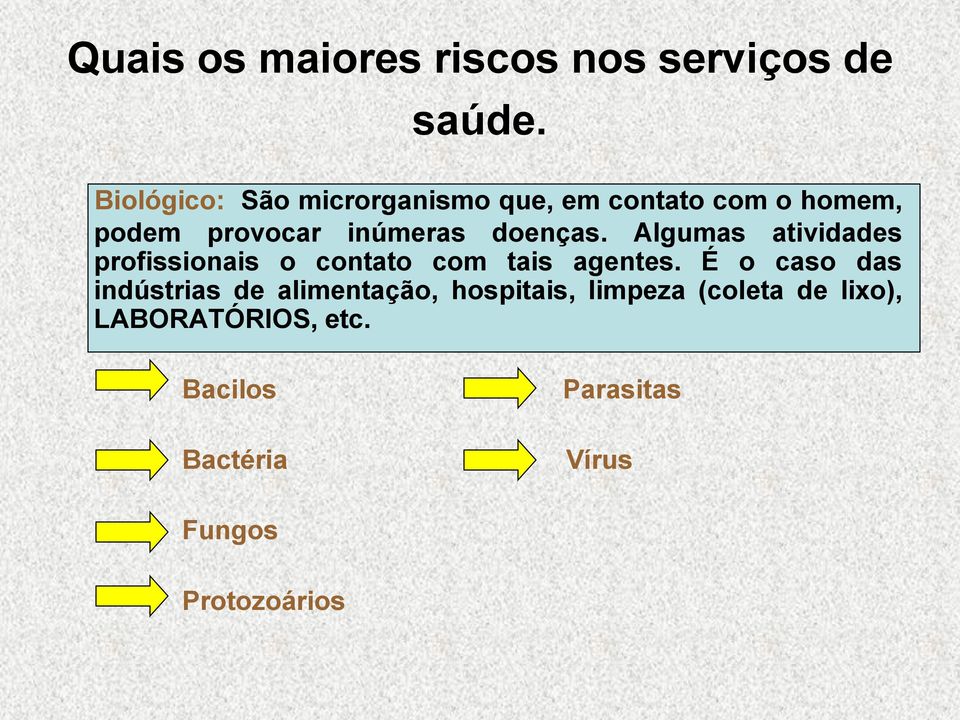 doenças. Algumas atividades profissionais o contato com tais agentes.