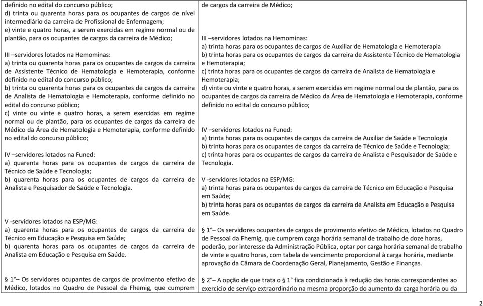 de Assistente Técnico de Hematologia e Hemoterapia, conforme definido no edital do concurso público; b) trinta ou quarenta horas para os ocupantes de cargos da carreira de Analista de Hematologia e