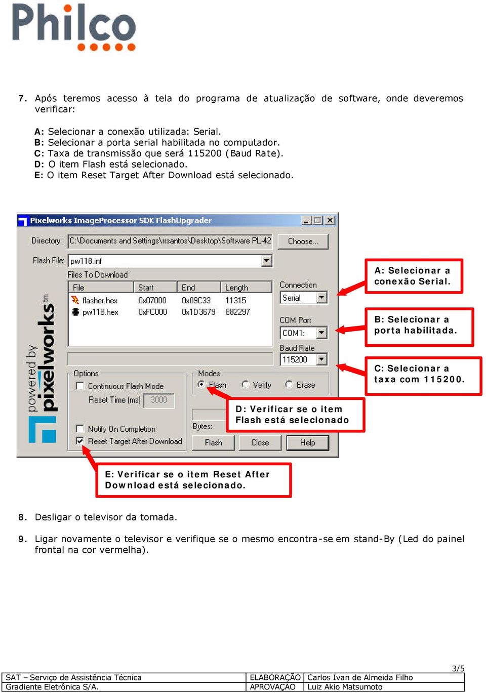 E: O item Reset Target After Download está selecionado. A: Selecionar a conexão Serial. B: Selecionar a porta habilitada. C: Selecionar a taxa com 115200.