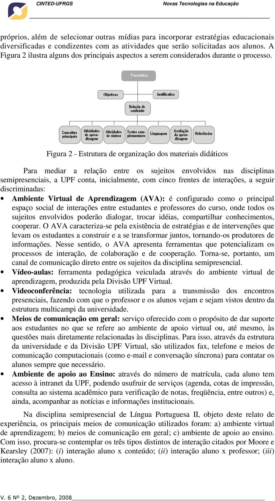 Figura 2 - Estrutura de organização dos materiais didáticos Para mediar a relação entre os sujeitos envolvidos nas disciplinas semipresenciais, a UPF conta, inicialmente, com cinco frentes de
