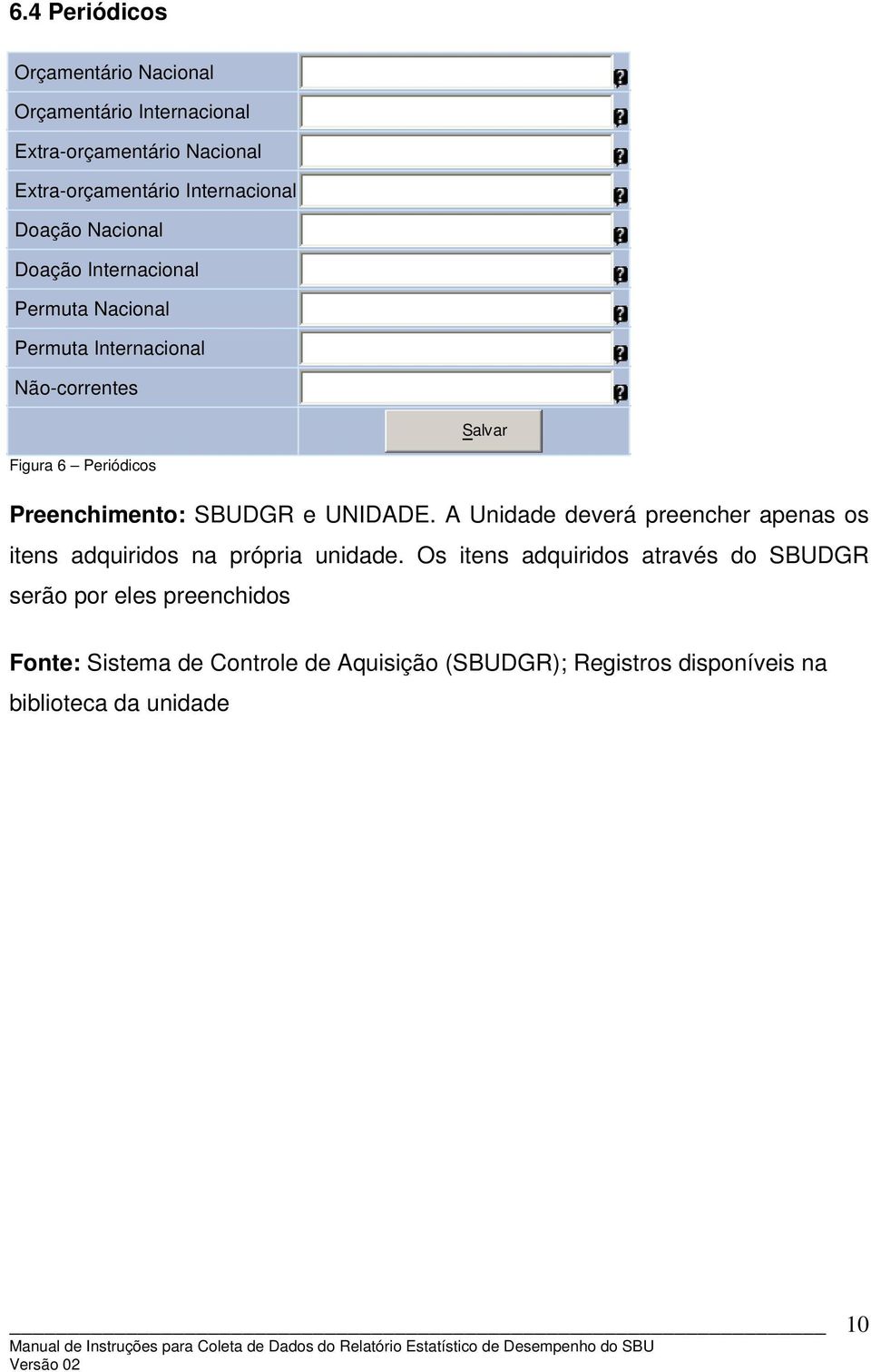 SBUDGR e UNIDADE. A Unidade deverá preencher apenas os itens adquiridos na própria unidade.