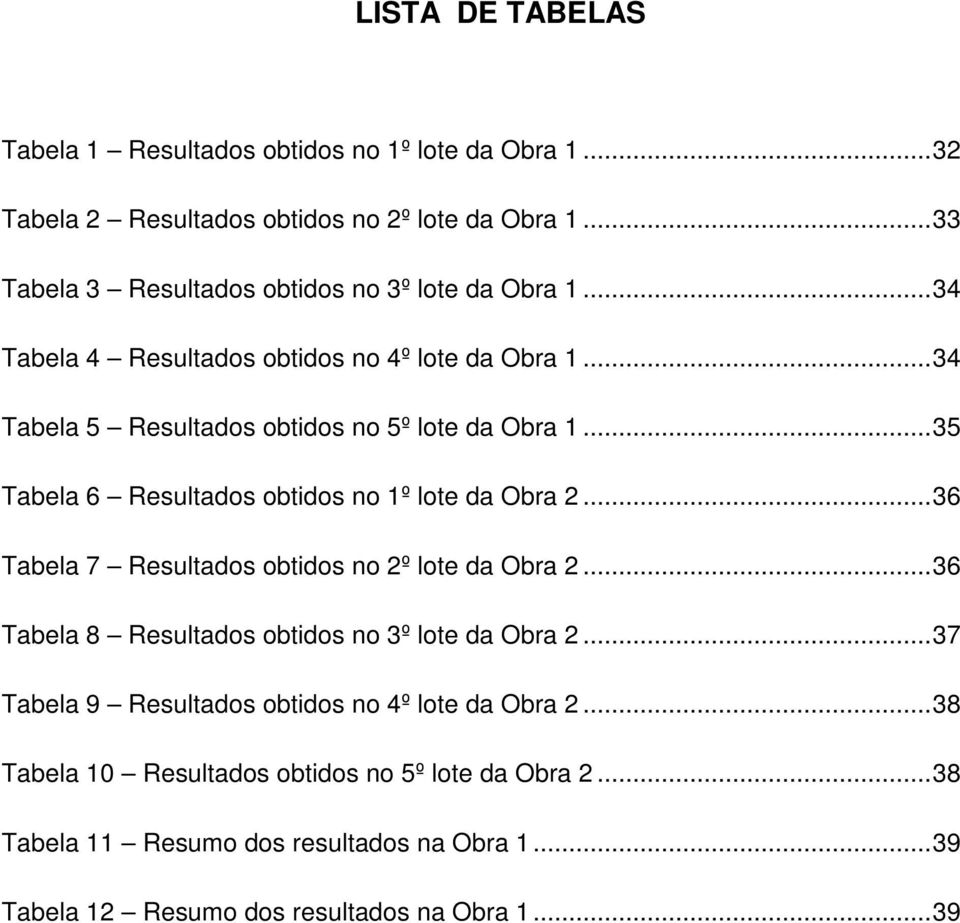 ..35 Tabela 6 Resultados obtidos no 1º lote da Obra 2...36 Tabela 7 Resultados obtidos no 2º lote da Obra 2...36 Tabela 8 Resultados obtidos no 3º lote da Obra 2.