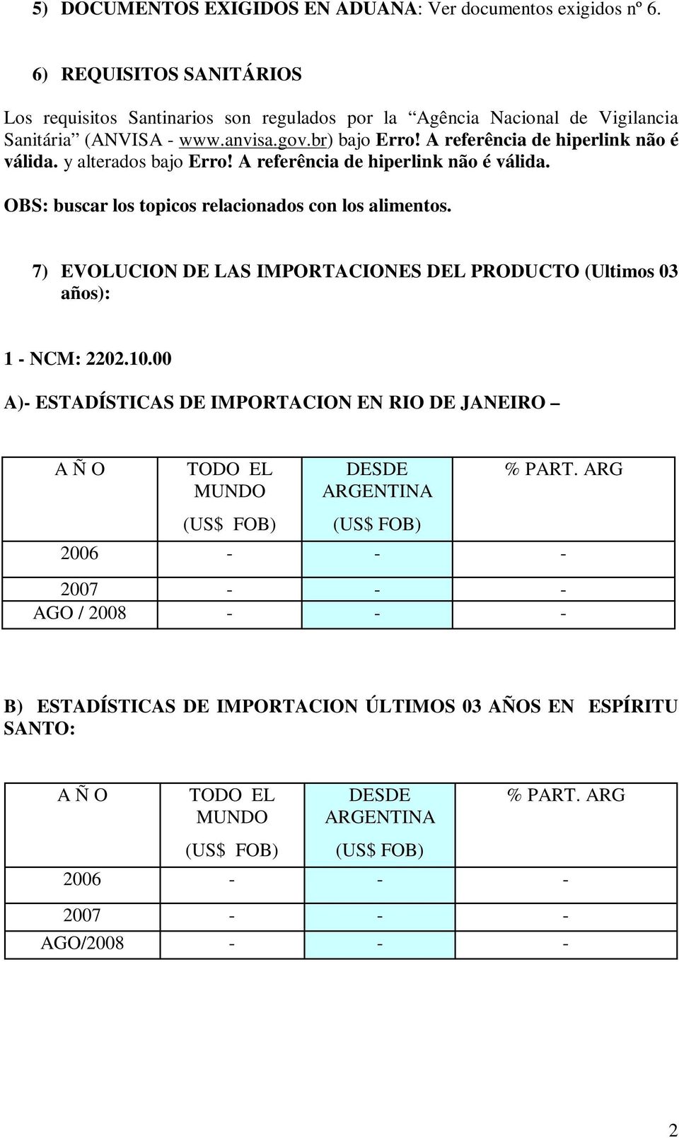 7) EVOLUCION DE LAS IMPORTACIONES DEL PRODUCTO (Ultimos 03 años): 1 - NCM: 2202.10.00 A)- ESTADÍSTICAS DE IMPORTACION EN RIO DE JANEIRO A Ñ O TODO EL MUNDO DESDE ARGENTINA % PART.