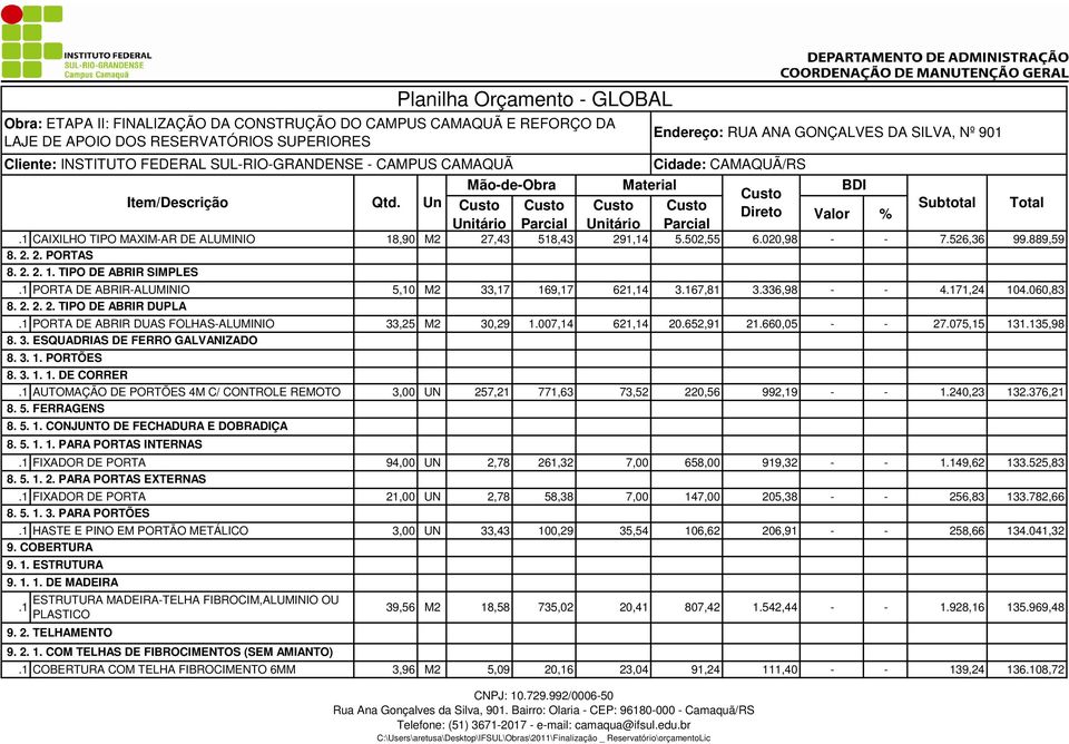 3. 1. PORTÕES 8. 3. 1. 1. DE CORRER AUTOMAÇÃO DE PORTÕES 4M C/ CONTROLE REMOTO 3,00 UN 257,21 771,63 73,52 220,56 992,19 - - 1.240,23 132.376,21 8. 5. FERRAGENS 8. 5. 1. CONJUNTO DE FECHADURA E DOBRADIÇA 8.