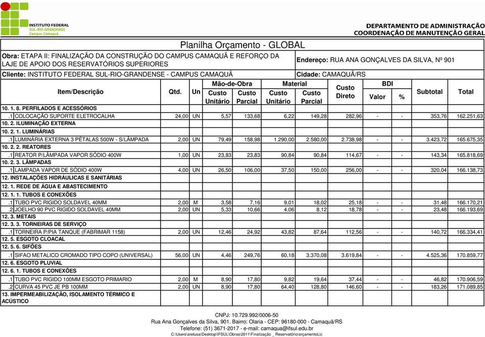 INSTALAÇÕES HIDRÁULICAS E SANITÁRIAS 12. 1. REDE DE ÁGUA E ABASTECIMENTO 12. 1. 1. TUBOS E CONEXÕES TUBO PVC RIGIDO SOLDAVEL 40MM 2,00 M 3,58 7,16 9,01 18,02 25,18 - - 31,48 16670,21.