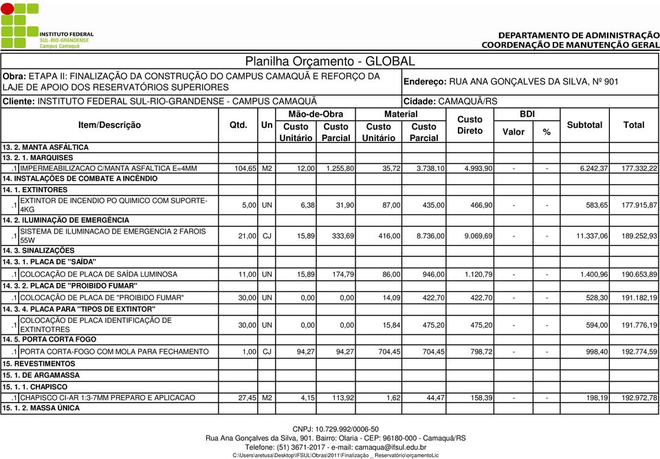 915,87 21,00 CJ 15,89 333,69 416,00 8.736,00 9.069,69 - - 11.337,06 189.252,93 COLOCAÇÃO DE PLACA DE SAÍDA LUMINOSA 11,00 UN 15,89 174,79 86,00 946,00 120,79 - - 1.400,96 190.653,89 14. 3. 2. PLACA DE "PROIBIDO FUMAR" COLOCAÇÃO DE PLACA DE "PROIBIDO FUMAR" 30,00 UN 0,00 0,00 14,09 422,70 422,70 - - 528,30 19182,19 14.