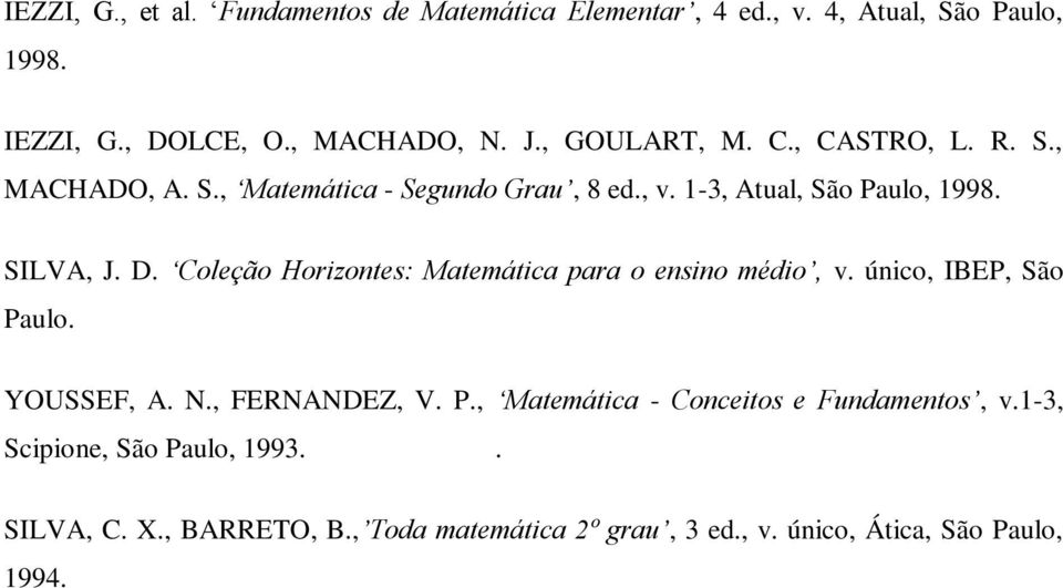Coleção Horizontes: Matemática para o ensino médio, v. único, IBEP, São Paulo. YOUSSEF, A. N., FERNANDEZ, V. P., Matemática - Conceitos e Fundamentos, v.