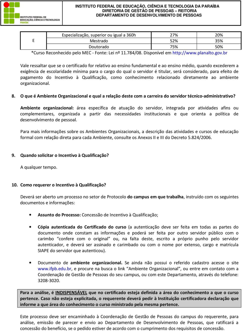 considerado, para efeito de pagamento do Incentivo à Qualificação, como conhecimento relacionado diretamente ao ambiente organizacional. 8.