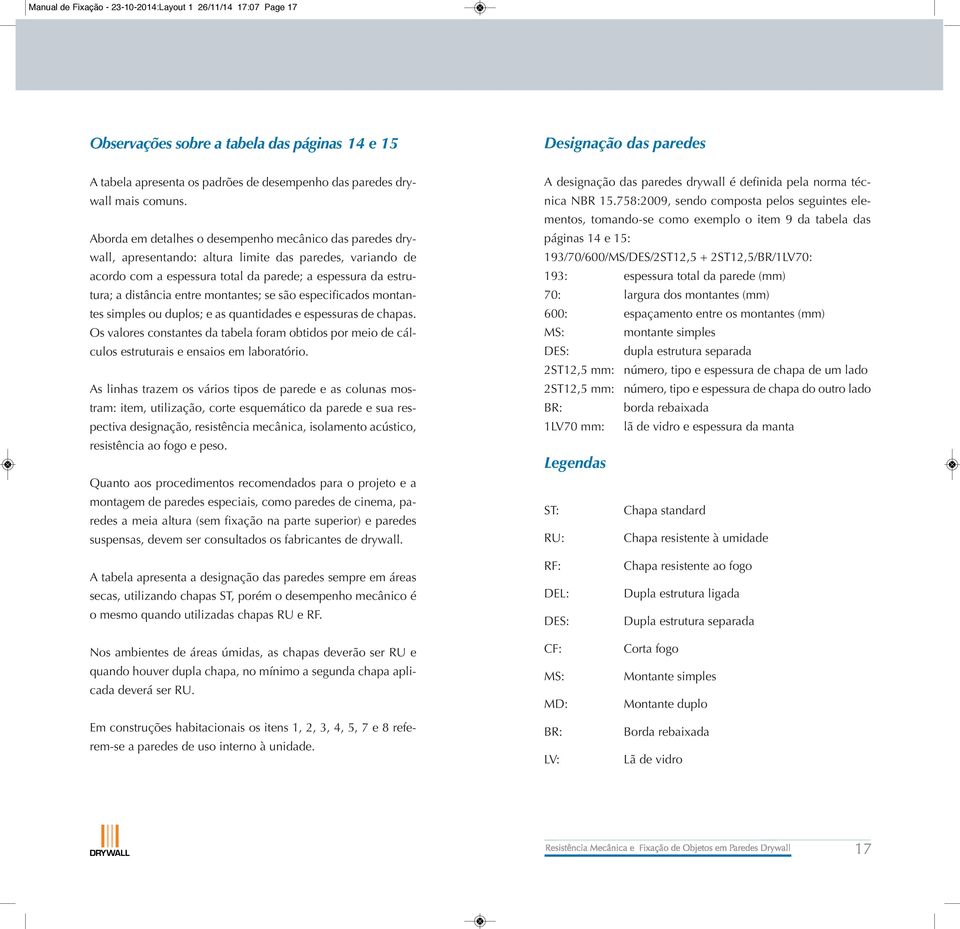 Aborda em detalhes o desempenho mecânico das paredes drywall, apresentando: altura limite das paredes, variando de acordo com a espessura total da parede; a espessura da estrutura; a distância entre