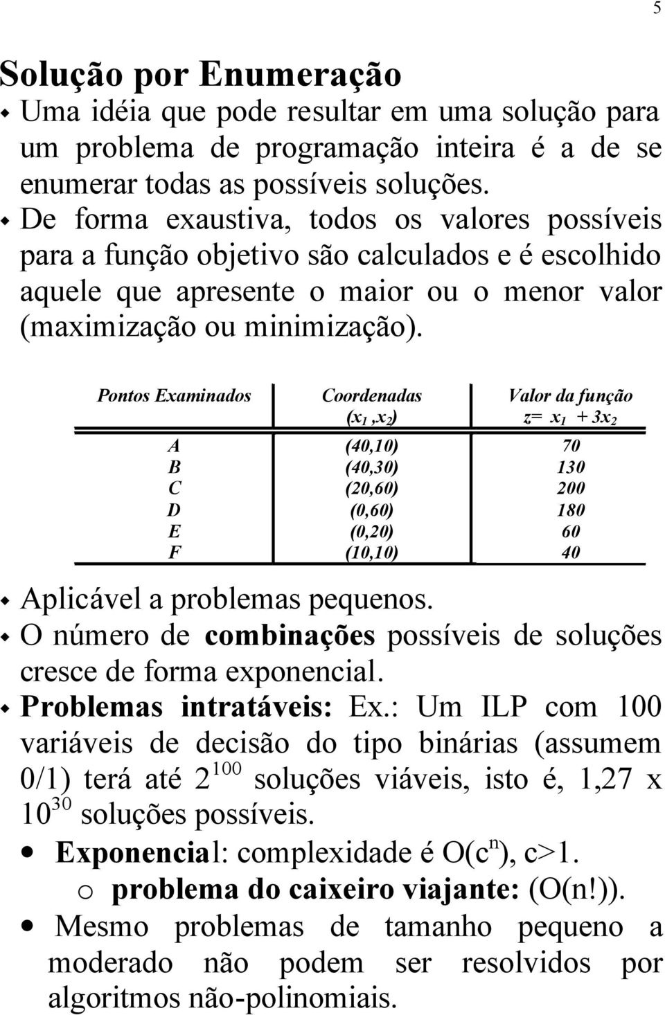 Pontos Eaminados A B C D E F Coordenadas (, ) (40,0) (40,0) (0,60) (0,60) (0,0) (0,0) Valor da função z= + 70 0 00 80 60 40 Aplicável a problemas pequenos.