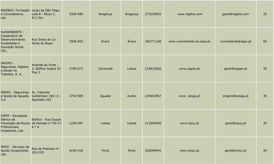 pt 50 SAGIES - Segurança, Higiene e Saúde no Trabalho, S. A. Avenida do Forte, 3, Edifício Suécia III Piso 2 2790-073 Carnaxide Lisboa 218823600 www.sagies.pt geral@sagies.