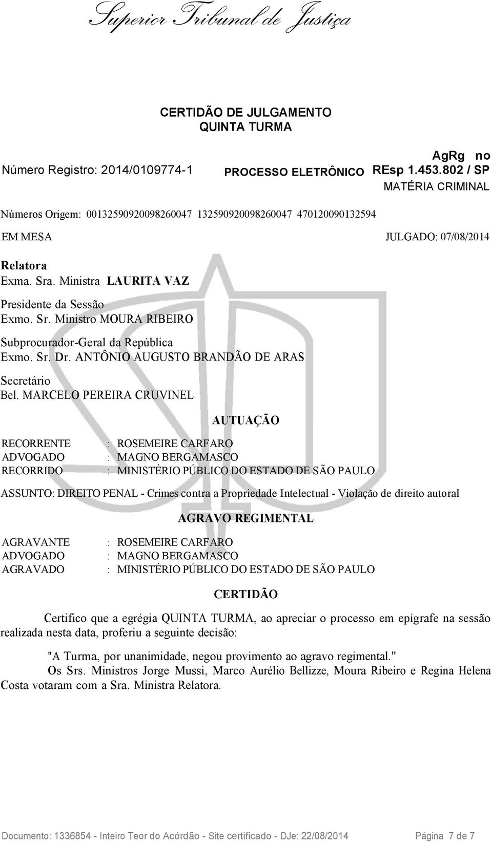 . Ministra LAURITA VAZ Presidente da Sessão Exmo. Sr. Ministro MOURA RIBEIRO Subprocurador-Geral da República Exmo. Sr. Dr. ANTÔNIO AUGUSTO BRANDÃO DE ARAS Secretário Bel.