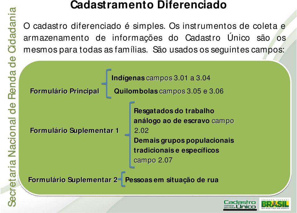 São usados os seguintes campos: Indígenas campos 3.01 a 3.04 Formulário rio Principal Quilombolas campos 3.05 e 3.