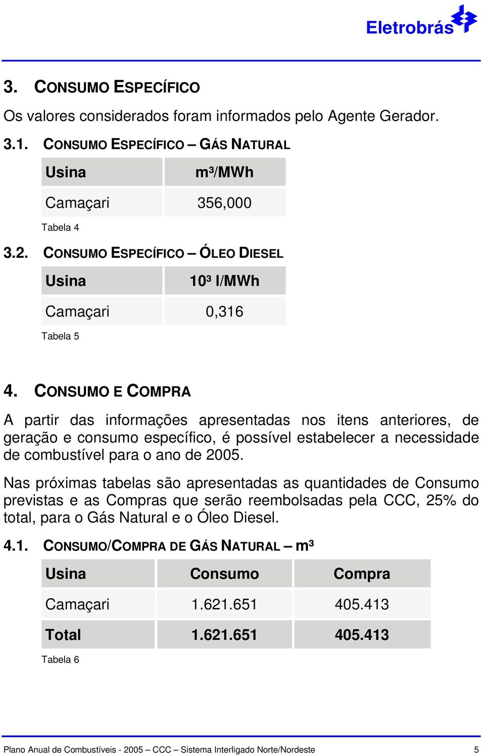 CONSUMO E COMPRA A partir das informações apresentadas nos itens anteriores, de geração e consumo específico, é possível estabelecer a necessidade de combustível para o ano de 2005.