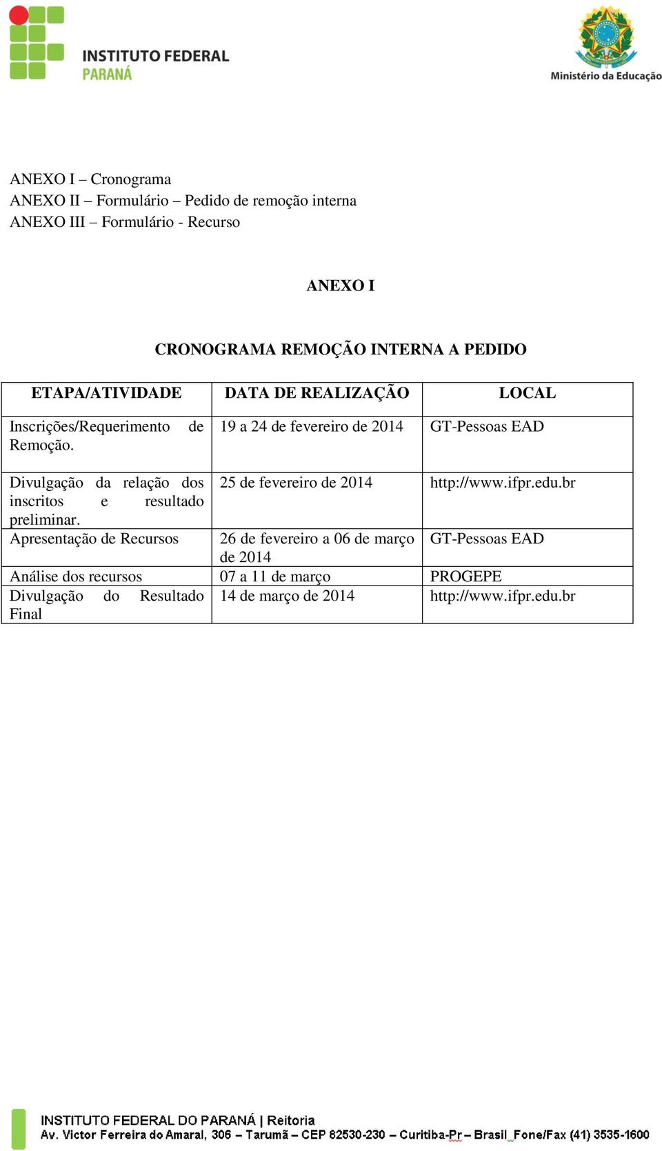 de 19 a 24 de fevereiro de 2014 GT-Pessoas EAD Divulgação da relação dos 25 de fevereiro de 2014 http://www.ifpr.edu.