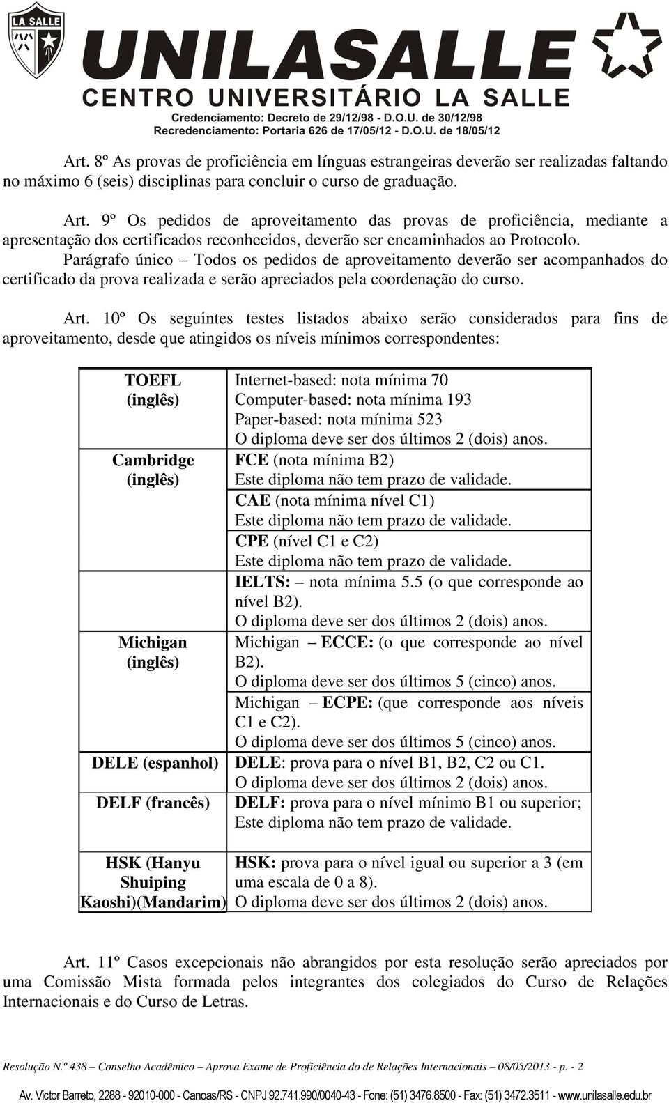 Parágrafo único Todos os pedidos aproveitamento verão ser acompanhados do certificado da prova realizada e serão apreciados pela coornação do curso. Art.