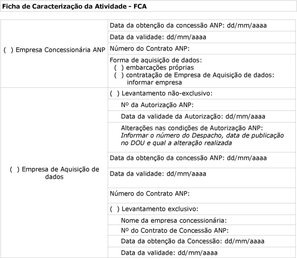 Alterações nas condições de Autorização ANP: Informar o número do Despacho, data de publicação no DOU e qual a alteração realizada Data da obtenção da concessão ANP: dd/mm/aaaa ( ) Empresa de