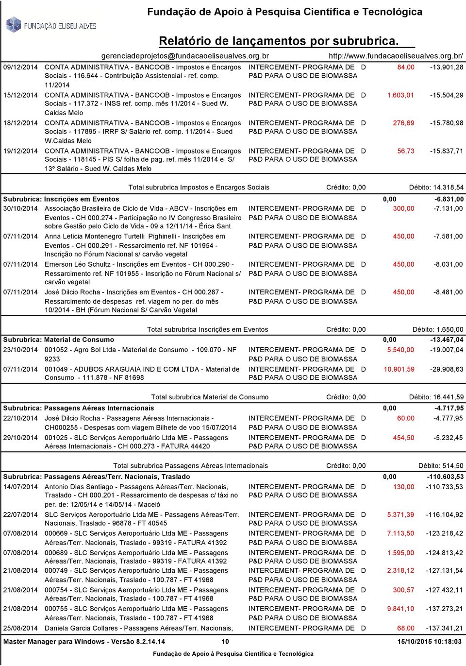 Caldas Melo 18/12/2014 CONTA ADMINISTRATIVA - BANCOOB - Impostos e Encargos Sociais - 117895 - IRRF S/ Salário ref. comp. 11/2014 - Sued W.