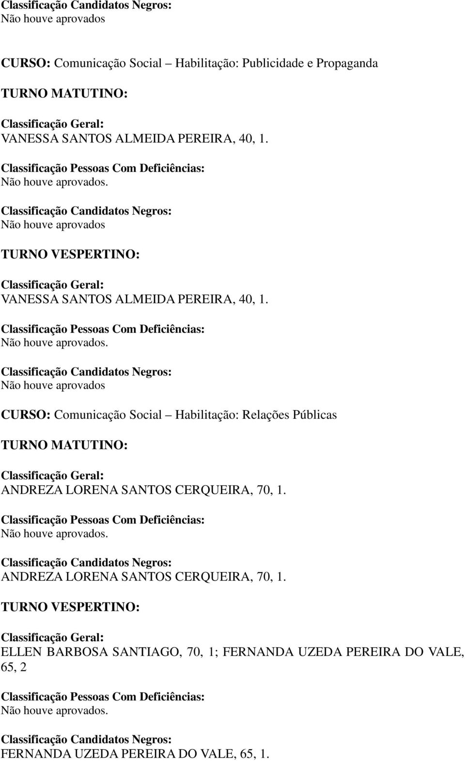 CURSO: Comunicação Social Habilitação: Relações Públicas ANDREZA LORENA SANTOS CERQUEIRA, 70, 1.