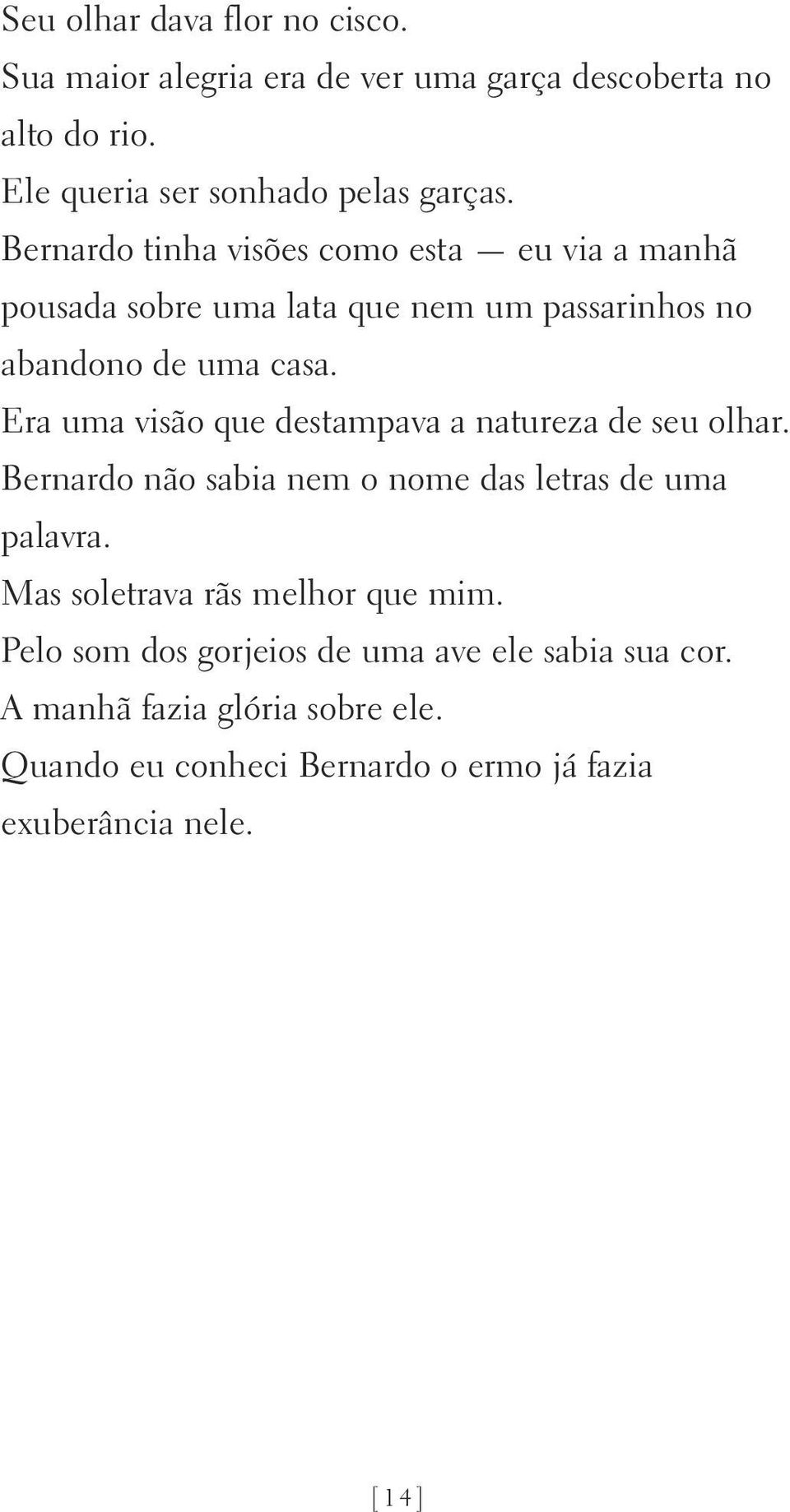 Era uma visão que destampava a natureza de seu olhar. Bernardo não sabia nem o nome das letras de uma palavra.