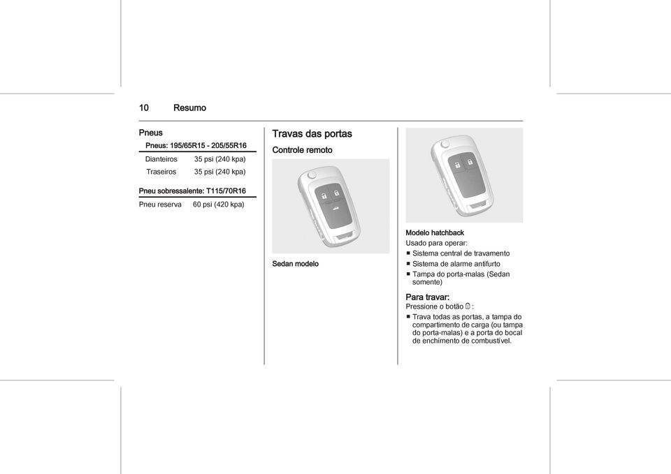 central de travamento Sistema de alarme antifurto Tampa do porta-malas (Sedan somente) Para travar: Pressione o botão e :