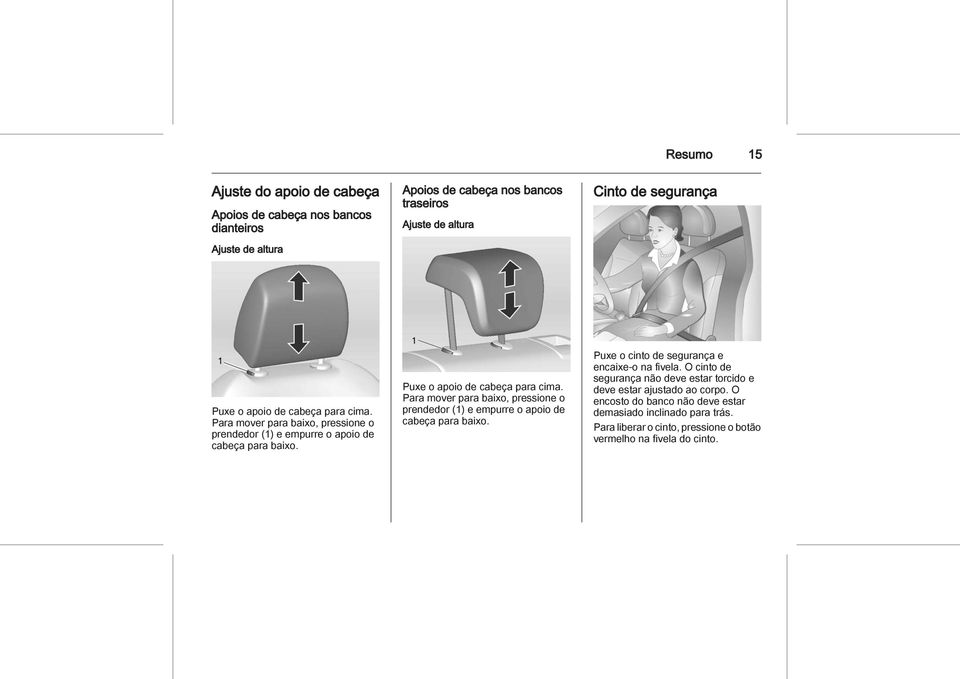Para mover para baixo, pressione o prendedor (1) e empurre o apoio de cabeça para baixo. Puxe o cinto de segurança e encaixe-o na fivela.