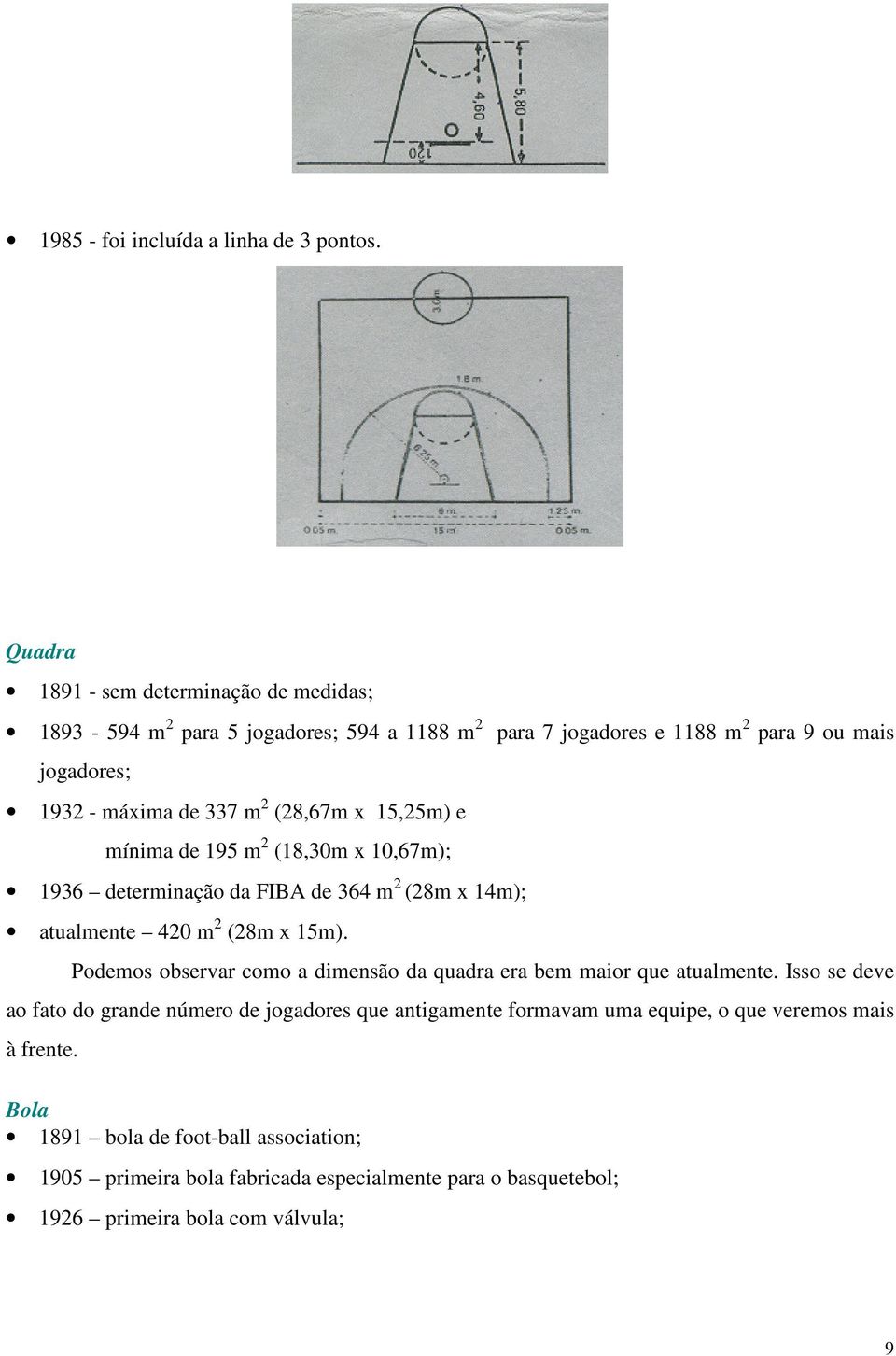 (28,67m x 15,25m) e mínima de 195 m 2 (18,30m x 10,67m); 1936 determinação da FIBA de 364 m 2 (28m x 14m); atualmente 420 m 2 (28m x 15m).