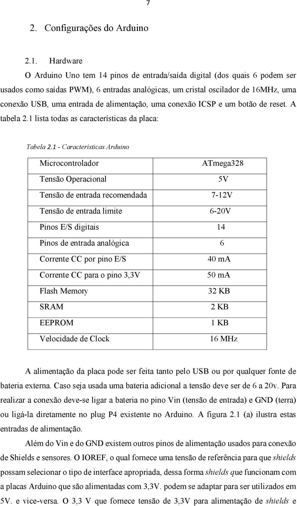 alimentação, uma conexão ICSP e um botão de reset. A tabela 2.1 lista todas as características da placa: Tabela 2.