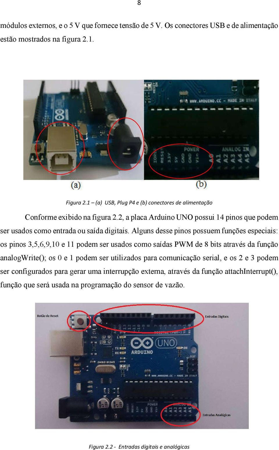 Alguns desse pinos possuem funções especiais: os pinos 3,5,6,9,10 e 11 podem ser usados como saídas PWM de 8 bits através da função analogwrite(); os 0 e 1 podem ser utilizados