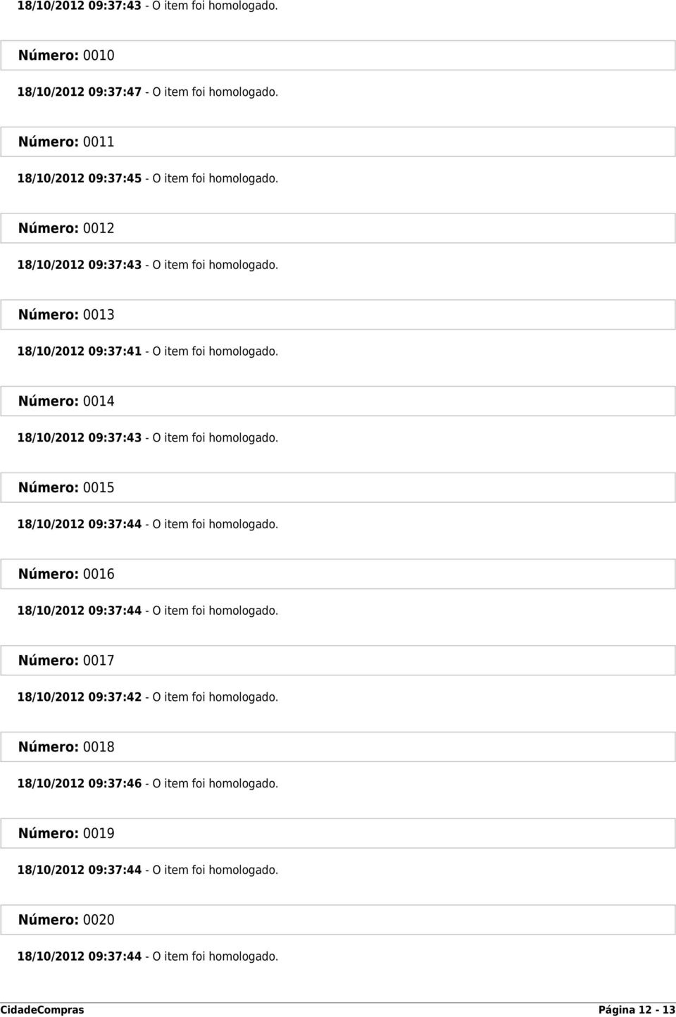 Número: 0015 18/10/2012 09:37:44 - O item foi homologado. Número: 0016 18/10/2012 09:37:44 - O item foi homologado. Número: 0017 18/10/2012 09:37:42 - O item foi homologado.