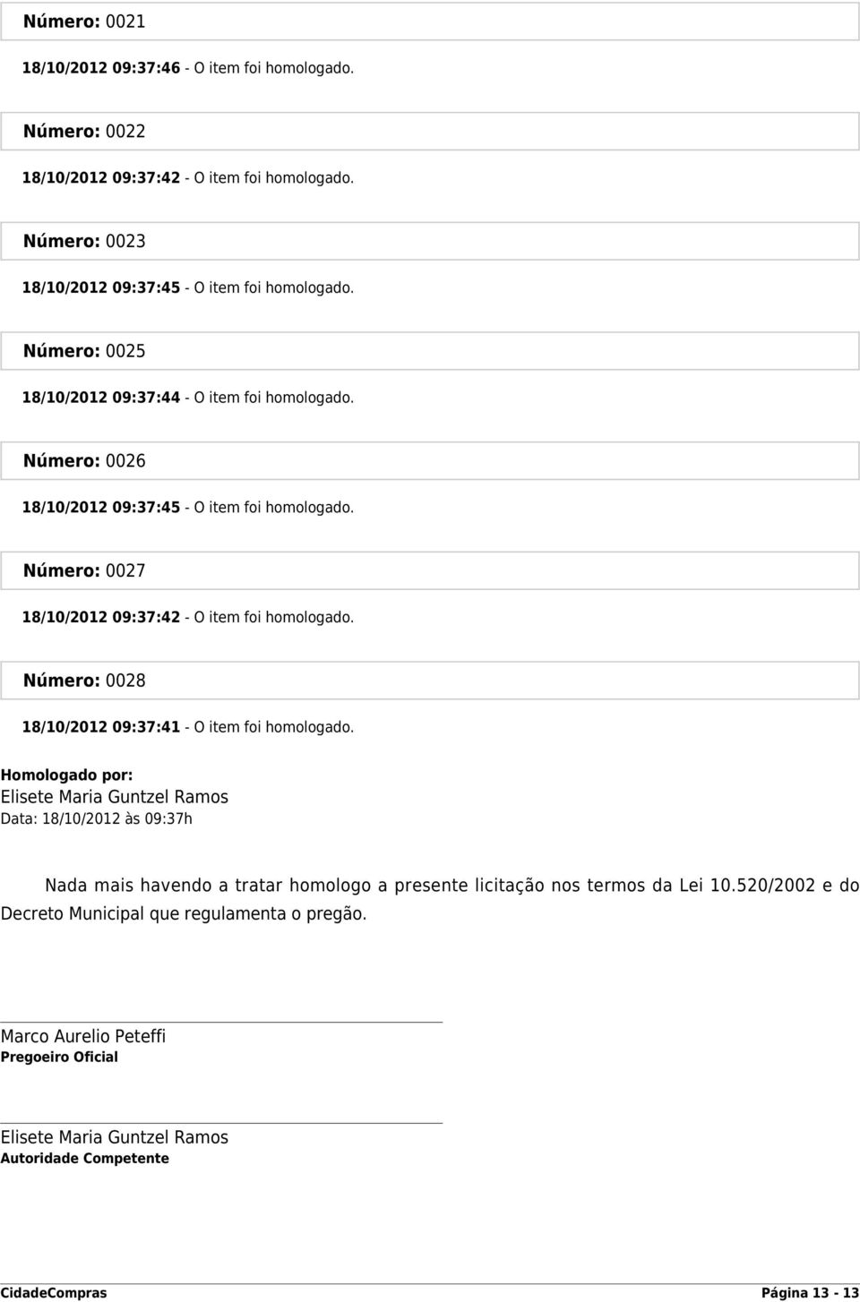 Número: 0028 18/10/2012 09:37:41 - O item foi homologado.